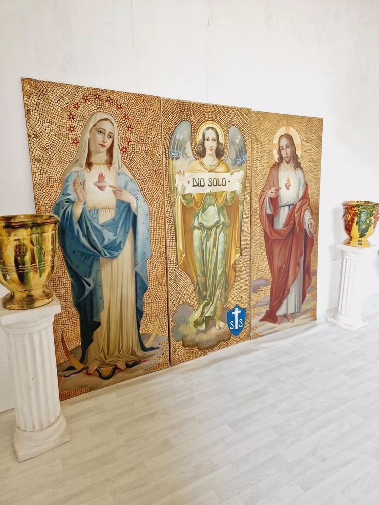Antique Triptych of Religious Oil Paintings with Gold Background