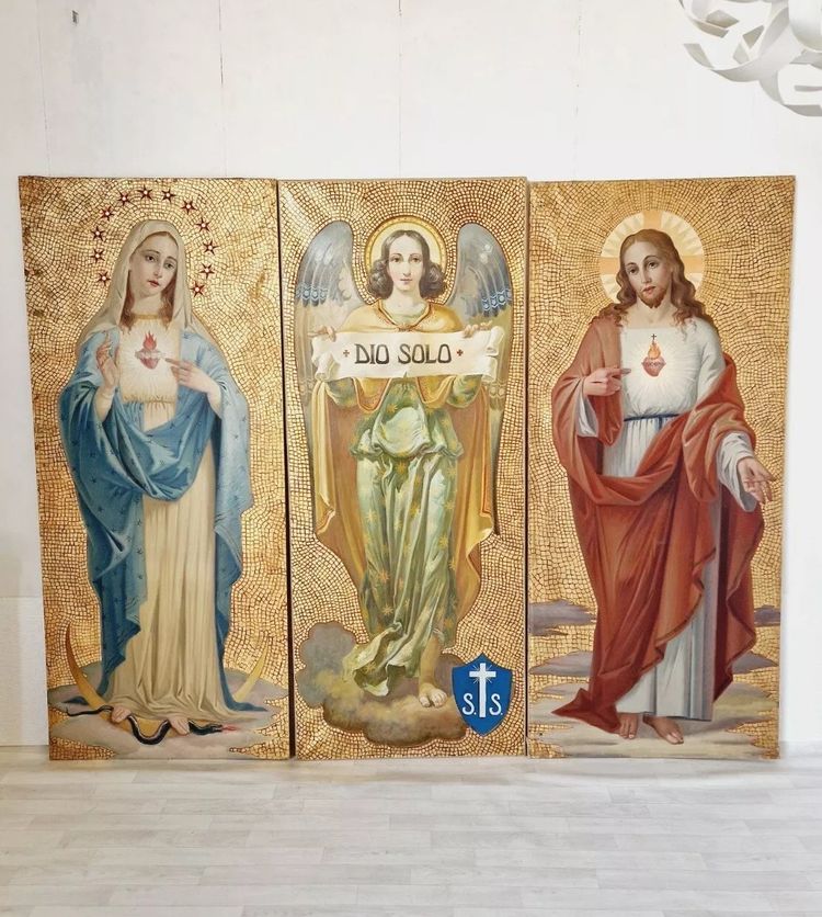 Antique Triptych of Religious Oil Paintings with Gold Background