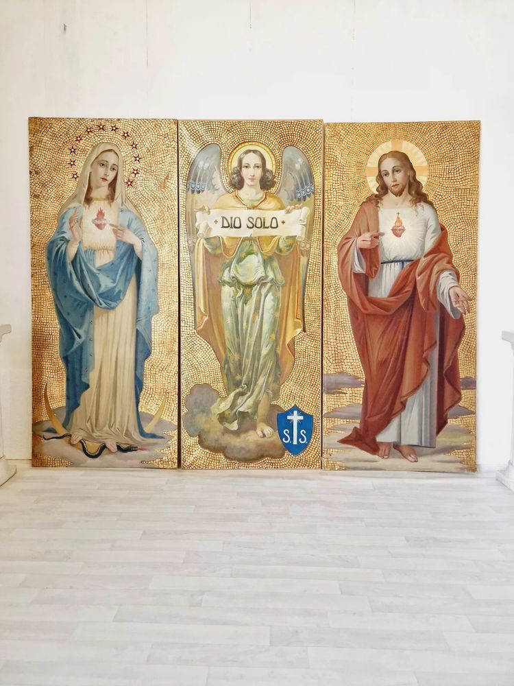 Antique Triptych of Religious Oil Paintings with Gold Background