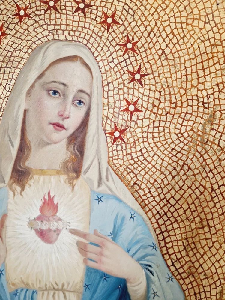 Antique Triptych of Religious Oil Paintings with Gold Background