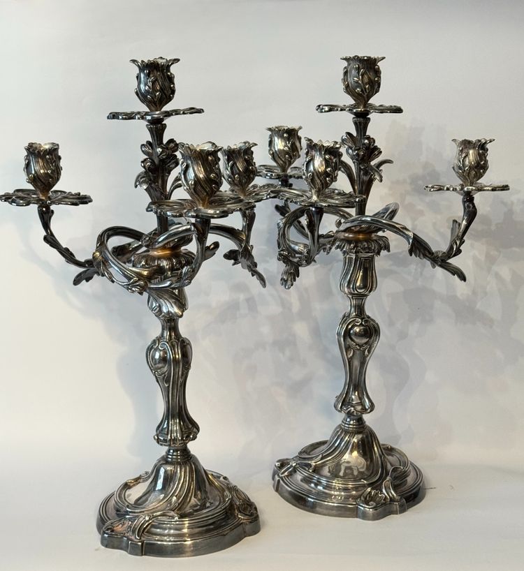 Pair of silver-plated bronze candelabras - Louis XV rocaille style