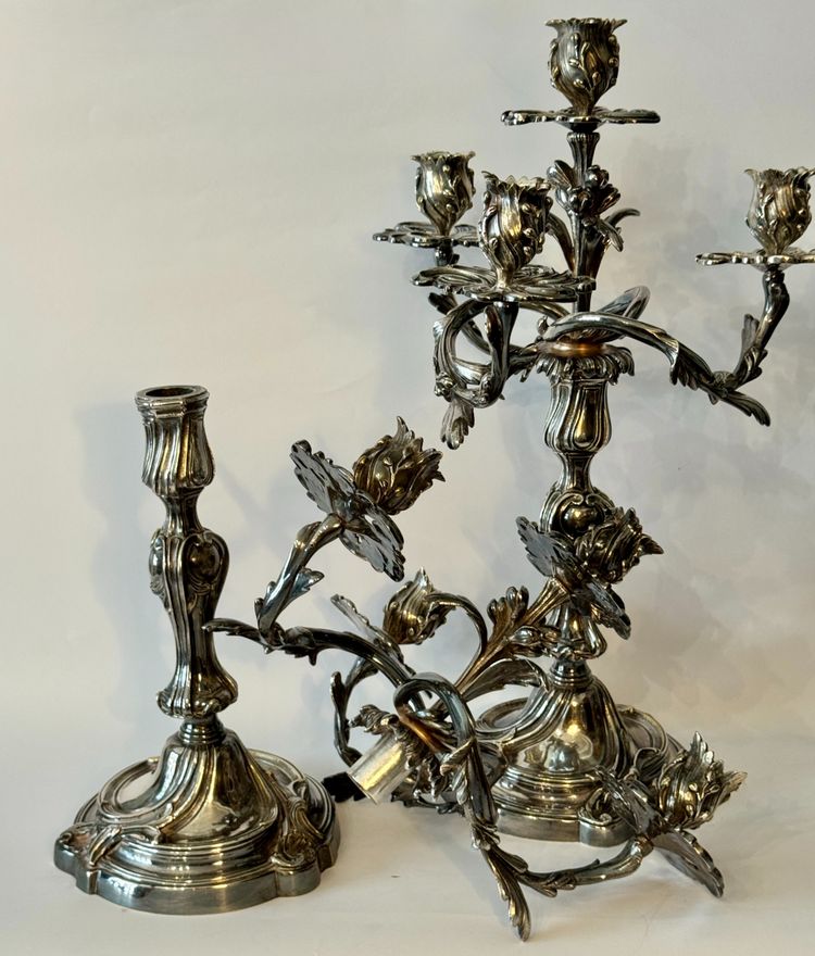 Pair of silver-plated bronze candelabras - Louis XV rocaille style