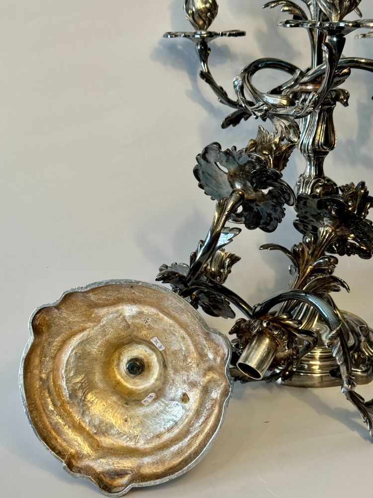 Pair of silver-plated bronze candelabras - Louis XV rocaille style