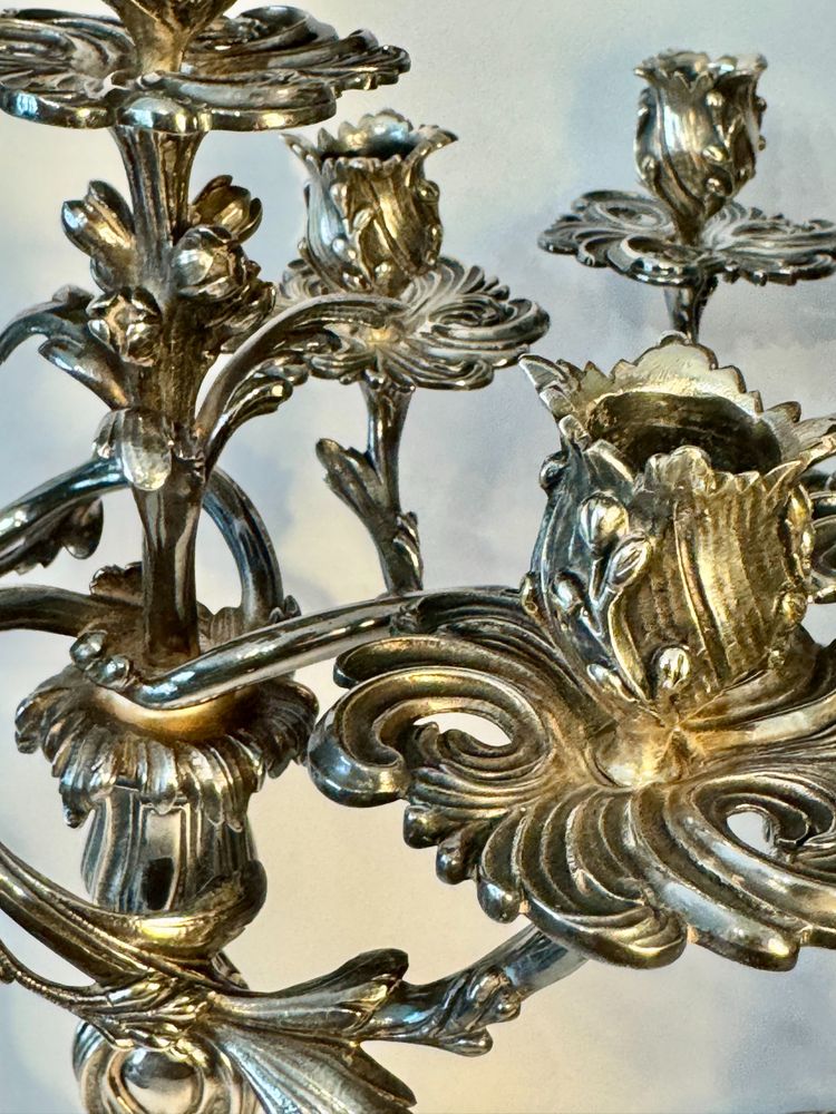 Pair of silver-plated bronze candelabras - Louis XV rocaille style