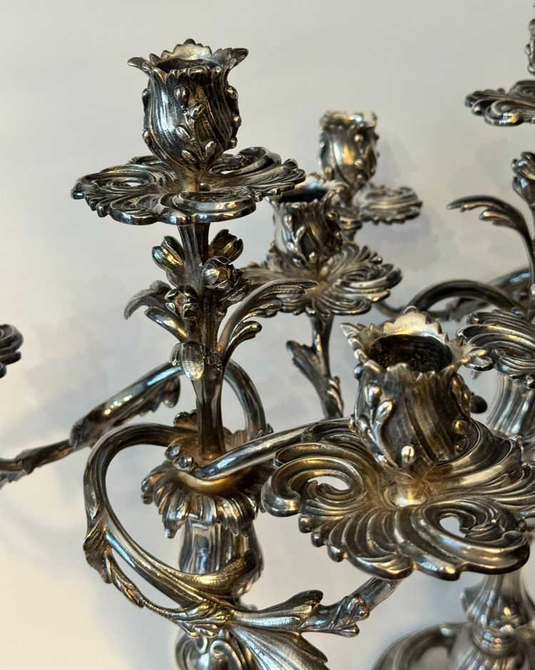 Pair of silver-plated bronze candelabras - Louis XV rocaille style