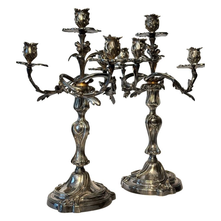 Pair of silver-plated bronze candelabras - Louis XV rocaille style