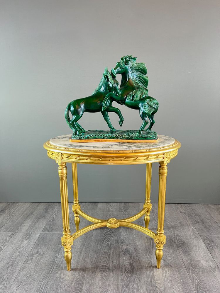 Scultura in ceramica smaltata, due cavalli, firmata R. Prunet, XX secolo