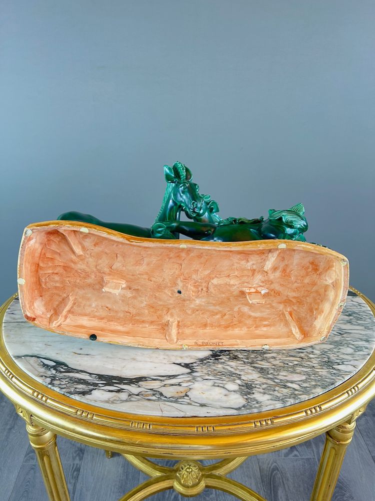 Scultura in ceramica smaltata, due cavalli, firmata R. Prunet, XX secolo
