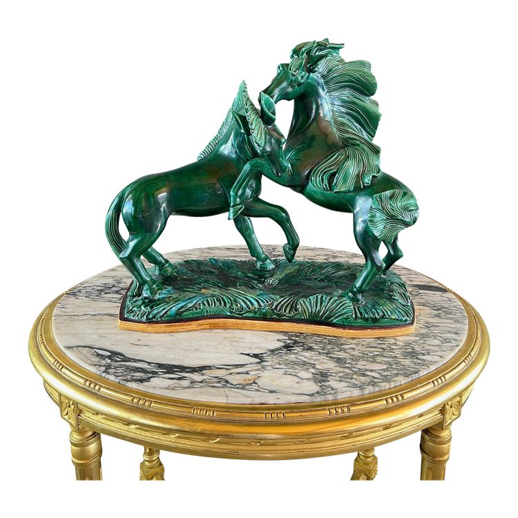 Scultura in ceramica smaltata, due cavalli, firmata R. Prunet, XX secolo