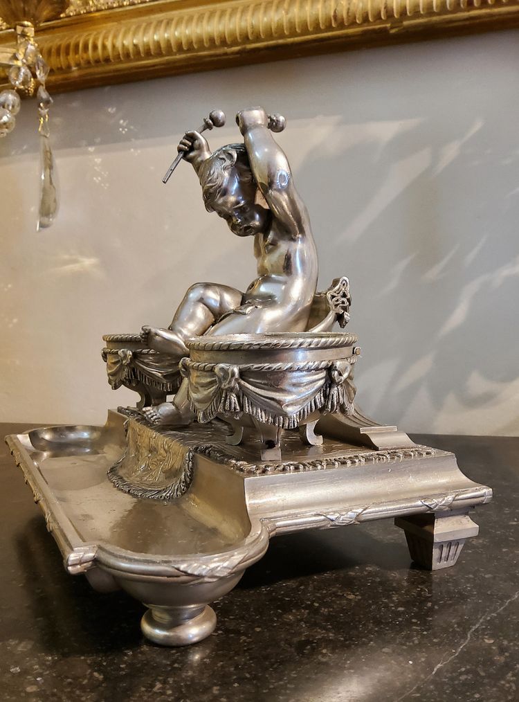 Inkwell Silver-plated bronze sculpture "Putto aux Tambours" Marnyhac Paris 19th century