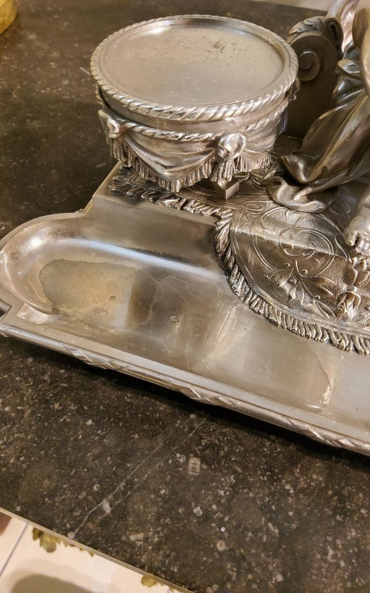 Inkwell Silver-plated bronze sculpture "Putto aux Tambours" Marnyhac Paris 19th century