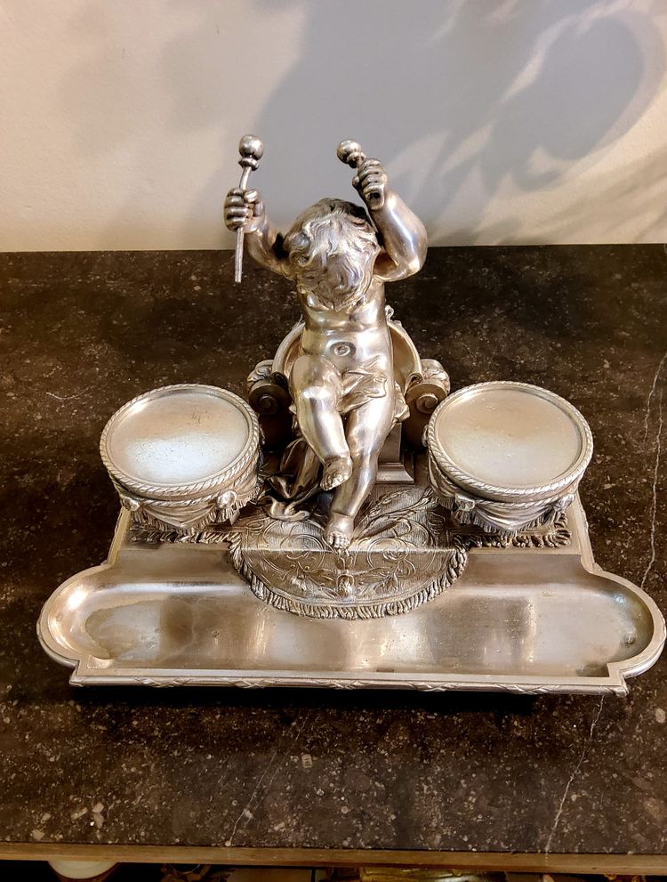 Inkwell Silver-plated bronze sculpture "Putto aux Tambours" Marnyhac Paris 19th century