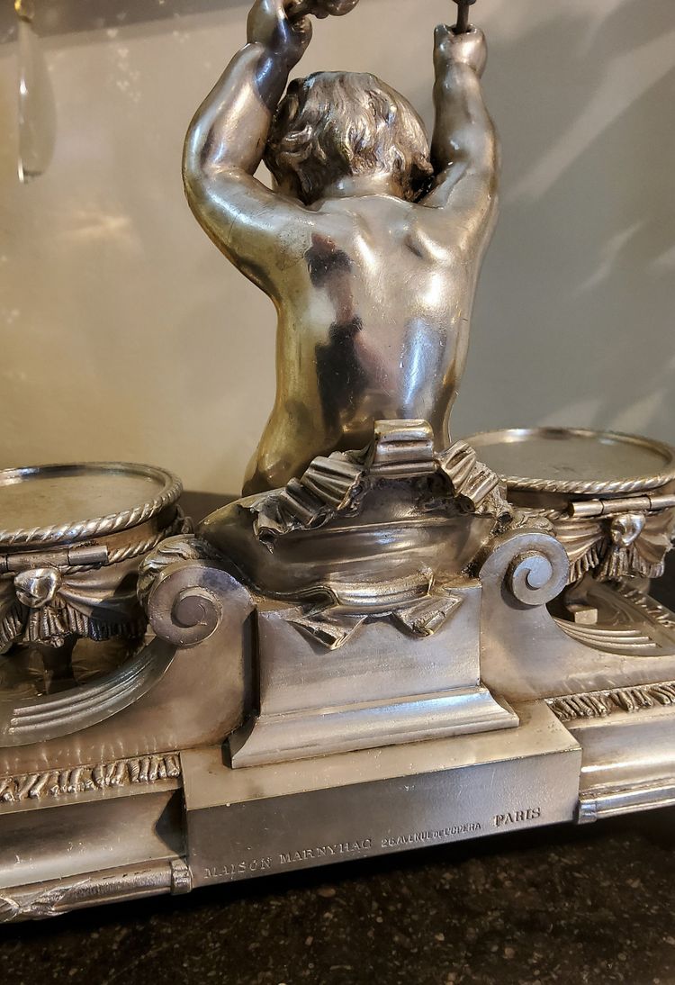 Inkwell Silver-plated bronze sculpture "Putto aux Tambours" Marnyhac Paris 19th century