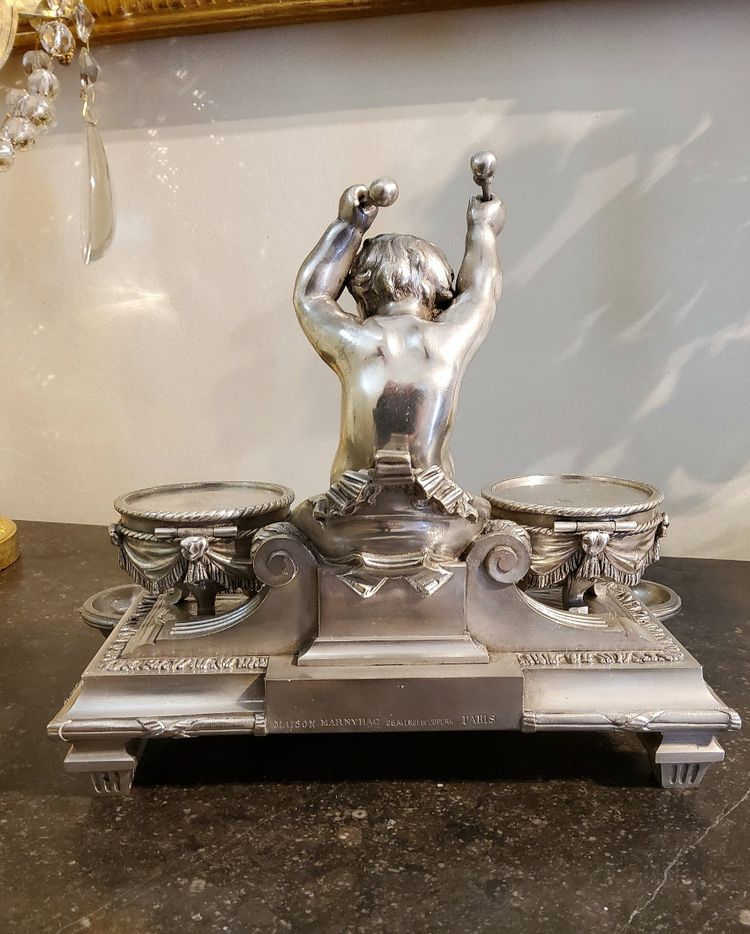 Inkwell Silver-plated bronze sculpture "Putto aux Tambours" Marnyhac Paris 19th century