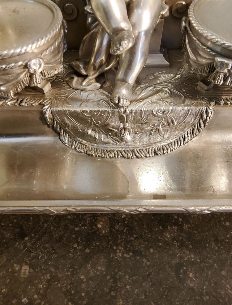 Inkwell Silver-plated bronze sculpture "Putto aux Tambours" Marnyhac Paris 19th century