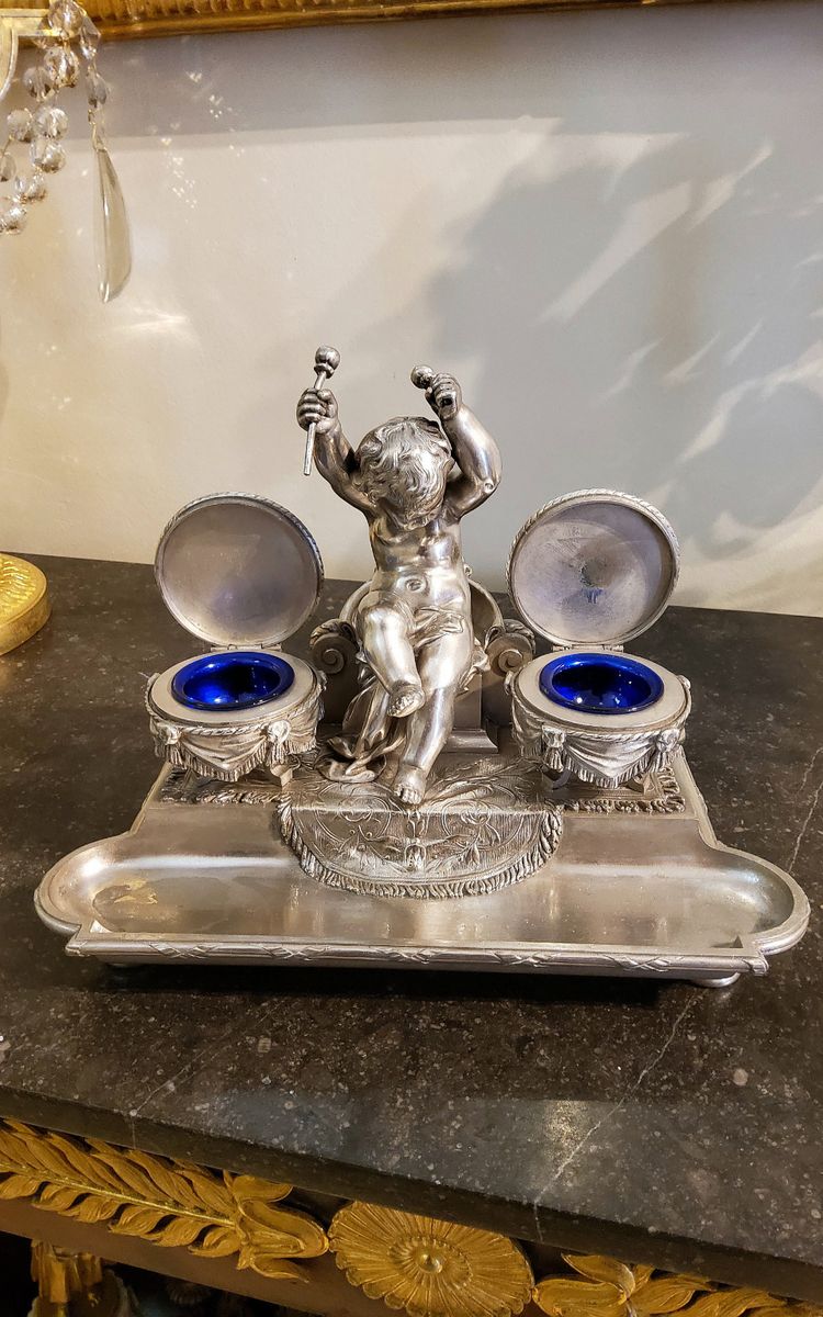 Inkwell Silver-plated bronze sculpture "Putto aux Tambours" Marnyhac Paris 19th century