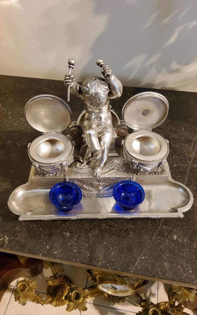 Inkwell Silver-plated bronze sculpture "Putto aux Tambours" Marnyhac Paris 19th century