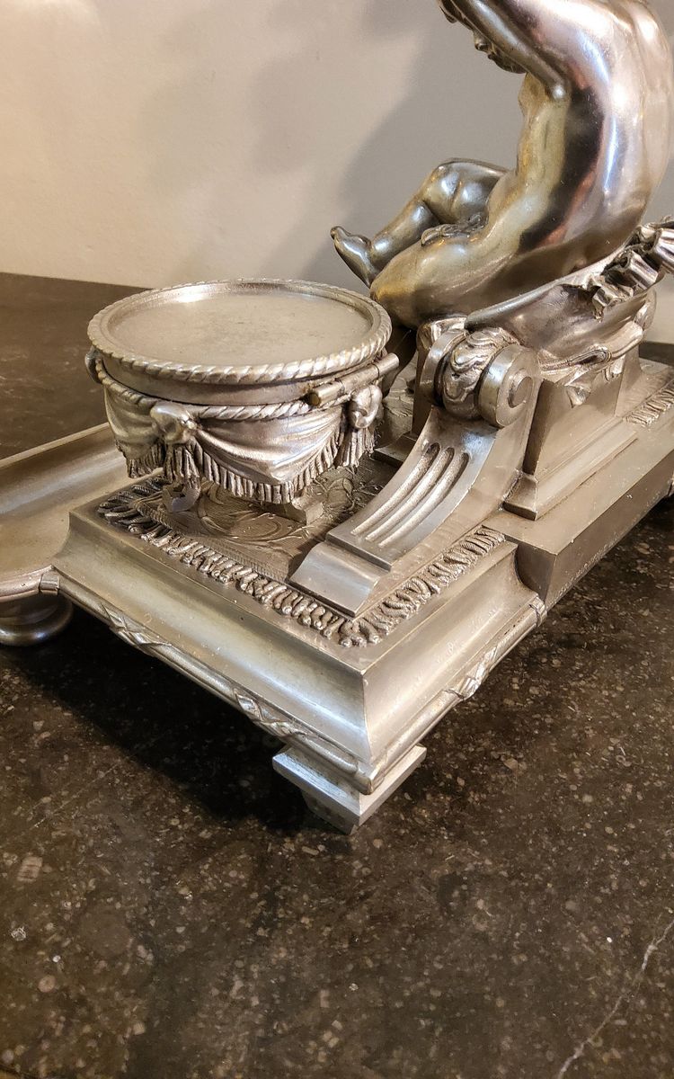 Inkwell Silver-plated bronze sculpture "Putto aux Tambours" Marnyhac Paris 19th century