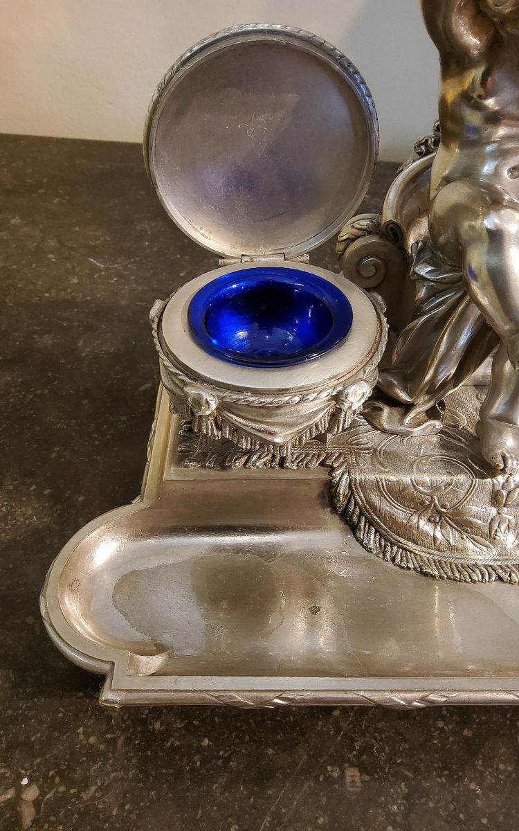 Inkwell Silver-plated bronze sculpture "Putto aux Tambours" Marnyhac Paris 19th century