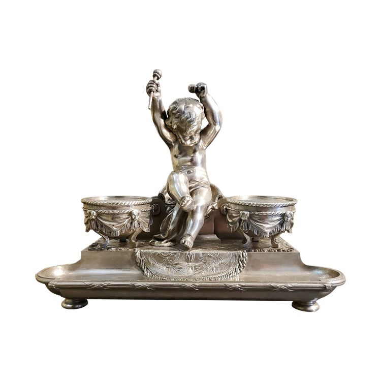 Inkwell Silver-plated bronze sculpture "Putto aux Tambours" Marnyhac Paris 19th century
