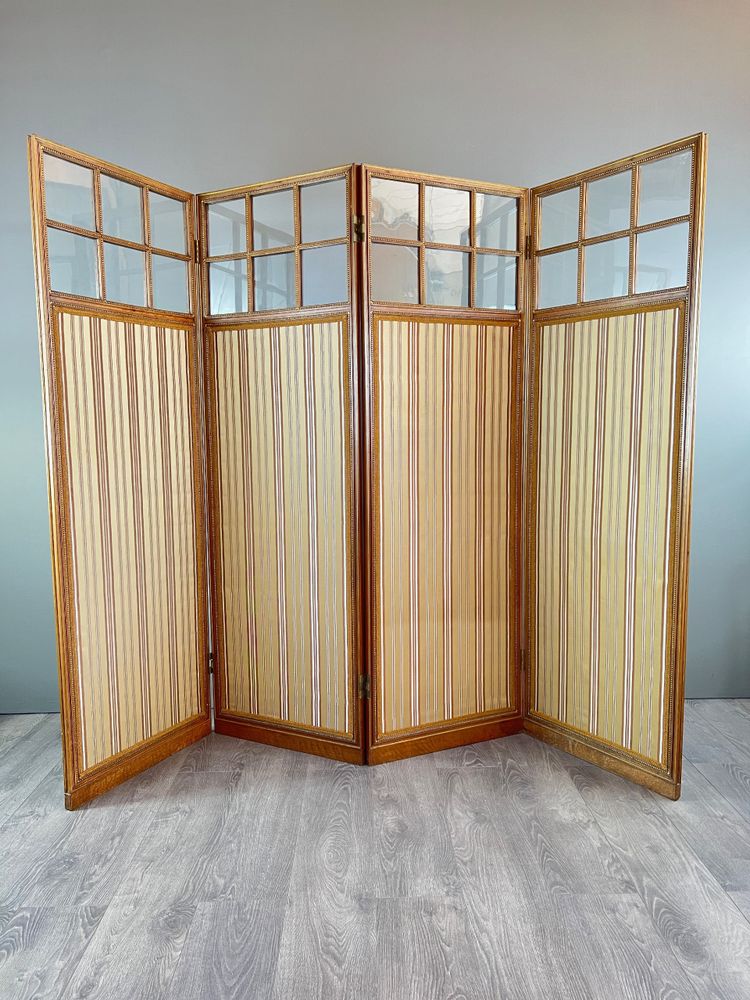 Alter Paravent mit vier Blättern - Geschnitztes Holz, Glas und gestreifter Stoff - 19. Jahrhundert