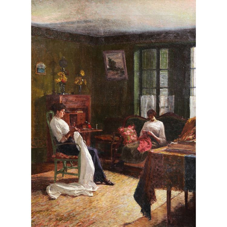 François FORICHON, Zwei nähende Frauen in einem Interieur