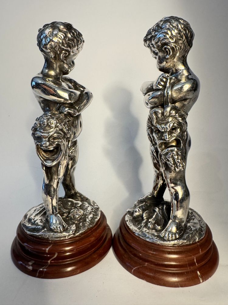 Comédie et Tragédie - Louis KLEY - 2 bambini in bronzo argentato - Putti