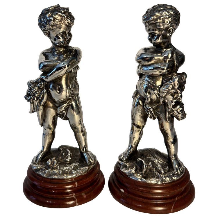 Comédie et Tragédie - Louis KLEY - 2 bambini in bronzo argentato - Putti
