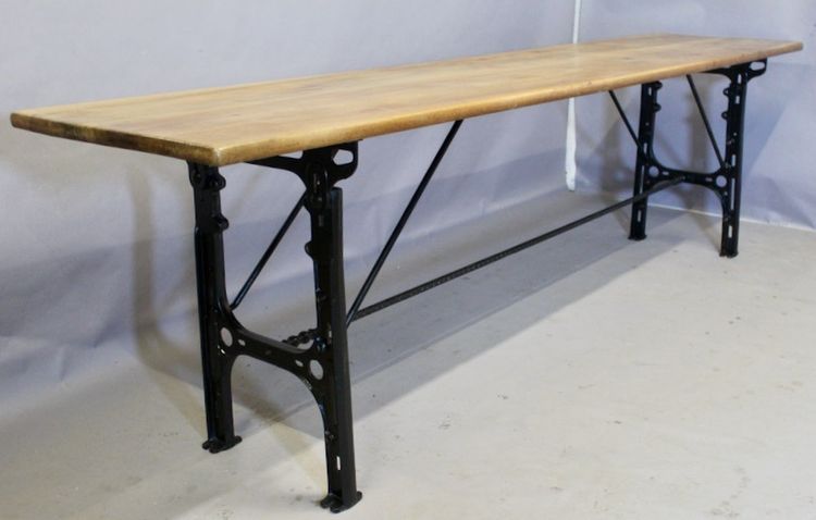 Large Industrial Console Walnut top Cast-iron legs