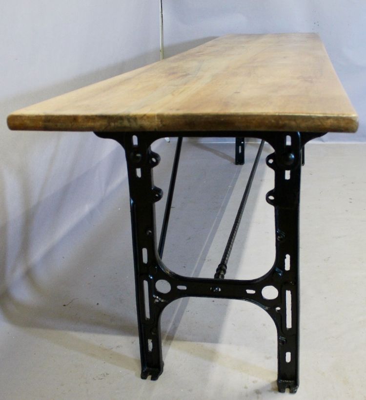 Large Industrial Console Walnut top Cast-iron legs