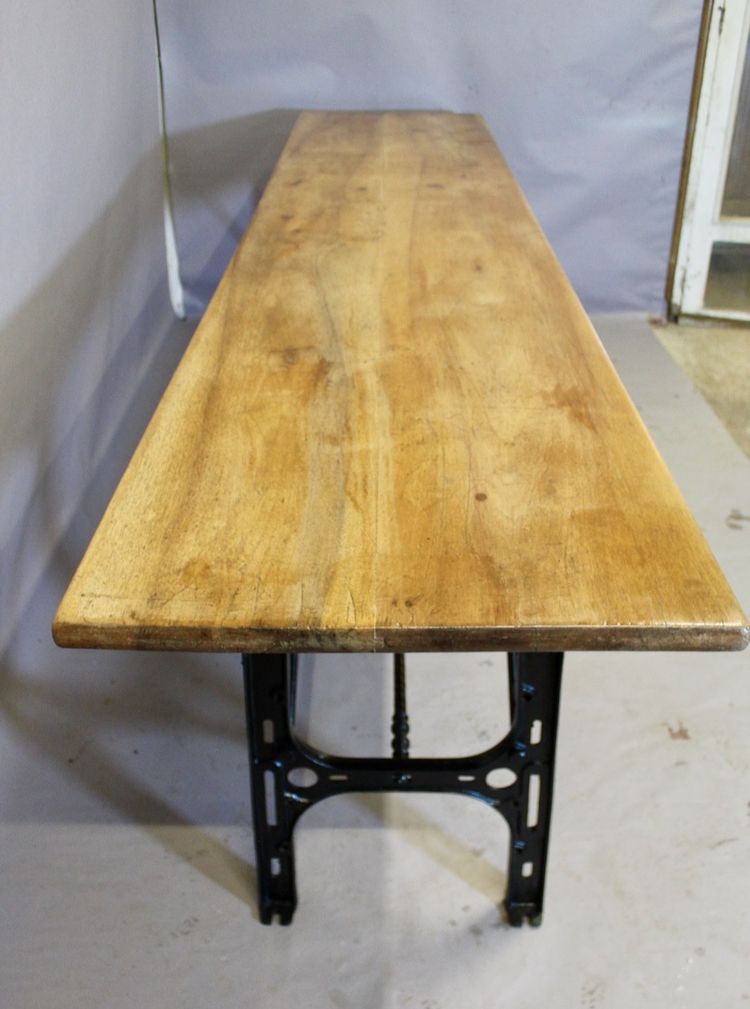 Large Industrial Console Walnut top Cast-iron legs