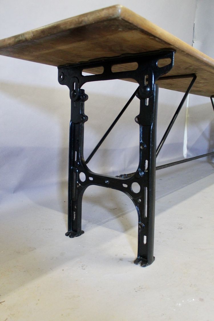 Large Industrial Console Walnut top Cast-iron legs