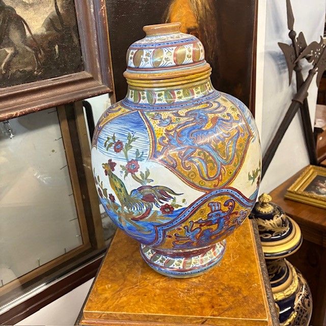 Antico grande vaso Potiche Santarelli Gualto Tadino 1920 Liberty con Gallo Altezza cm 48 