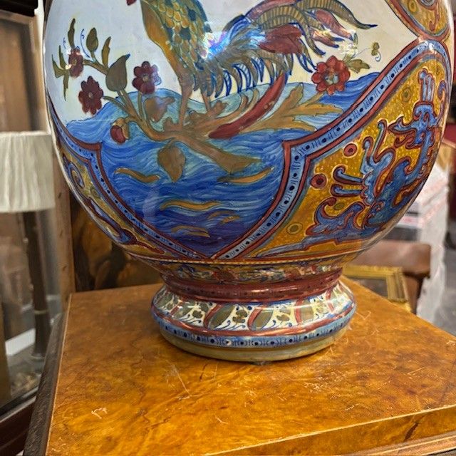 Antico grande vaso Potiche Santarelli Gualto Tadino 1920 Liberty con Gallo Altezza cm 48 