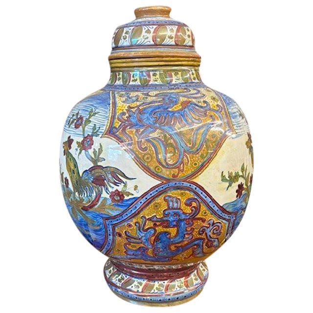 Antico grande vaso Potiche Santarelli Gualto Tadino 1920 Liberty con Gallo Altezza cm 48 
