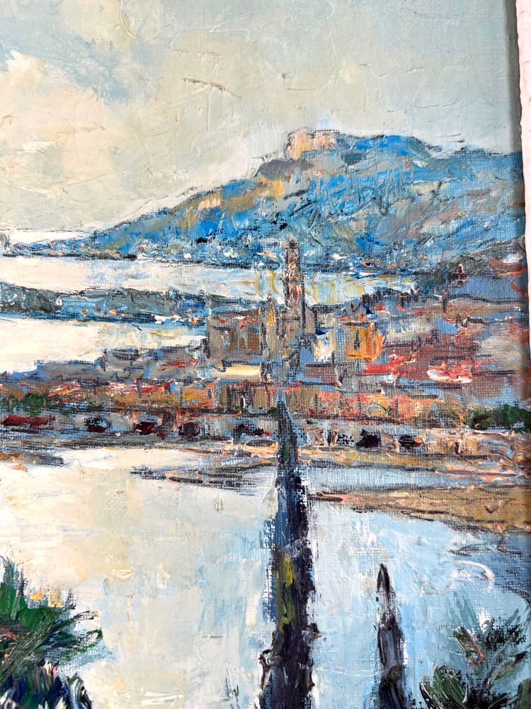 View of Menton from the Italian border - Oil on canvas signed André Suzanne - 1971