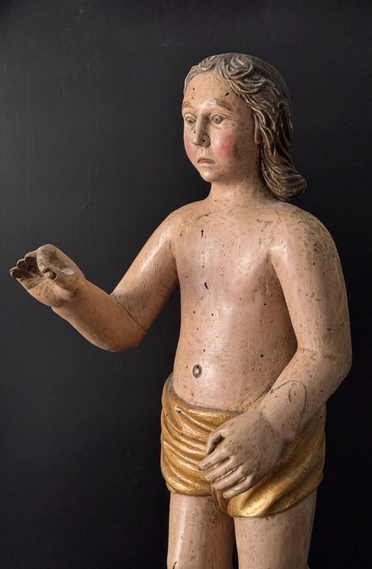 Person oder Engel aus geschnitztem Holz polychrom Frankreich 17. Jahrhundert H72