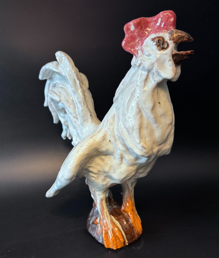 Pair of roosters in white glazed terracotta - Sculpture - Barbotine
