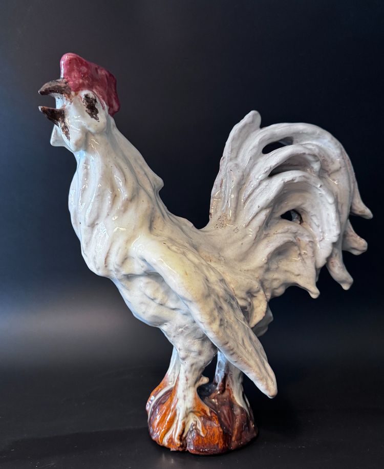 Pair of roosters in white glazed terracotta - Sculpture - Barbotine
