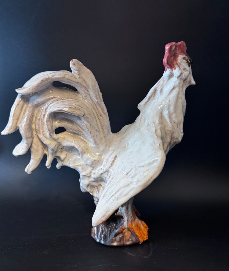 Pair of roosters in white glazed terracotta - Sculpture - Barbotine