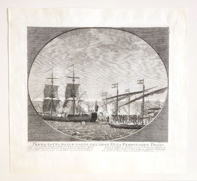 Antique engraving by Aliprandi Turkish brigands attacking Ferdinand I's ship 1606 maritime art