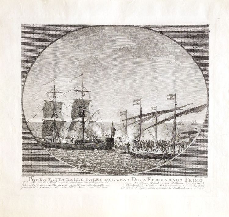 Antique engraving by Aliprandi Turkish brigands attacking Ferdinand I's ship 1606 maritime art