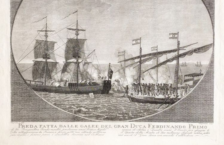 Antique engraving by Aliprandi Turkish brigands attacking Ferdinand I's ship 1606 maritime art