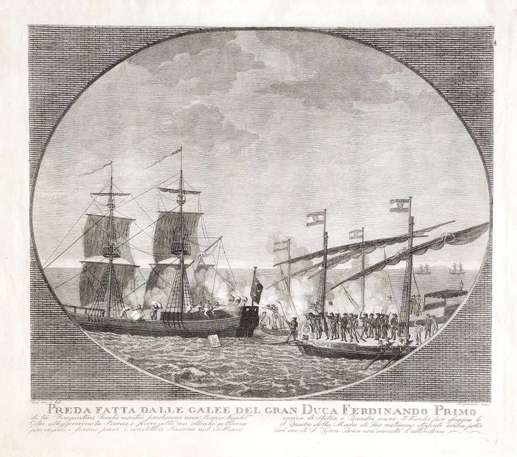 Antique engraving by Aliprandi Turkish brigands attacking Ferdinand I's ship 1606 maritime art