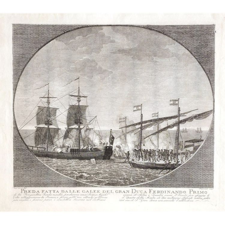 Antique engraving by Aliprandi Turkish brigands attacking Ferdinand I's ship 1606 maritime art