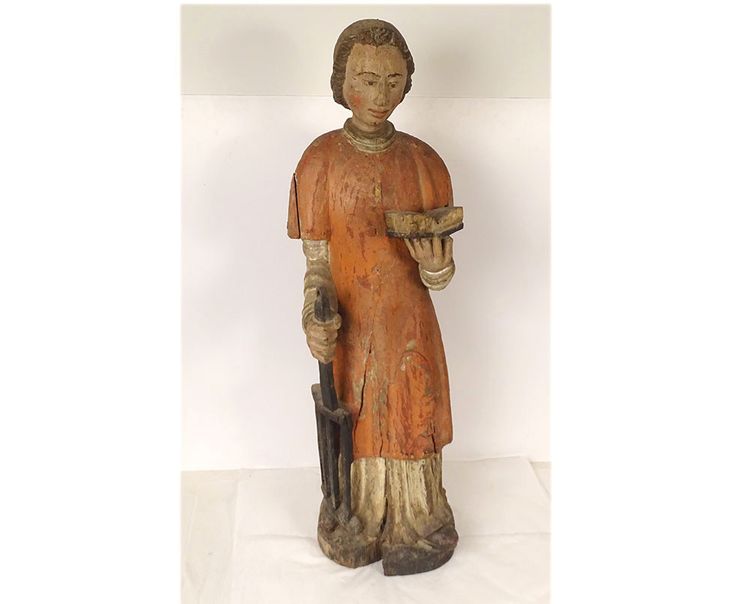 Large Polychrome Wooden Statue Saint Laurent Gril Cuisiniers 17th century
