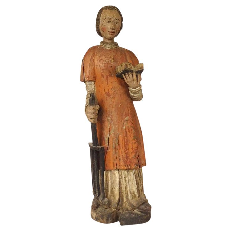Large Polychrome Wooden Statue Saint Laurent Gril Cuisiniers 17th century