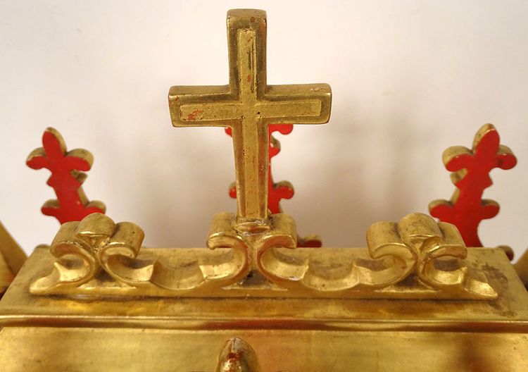 Châse Reliquaire Bois Doré Chapelle Gothique Saints Vincent Fleur Lys 19th century