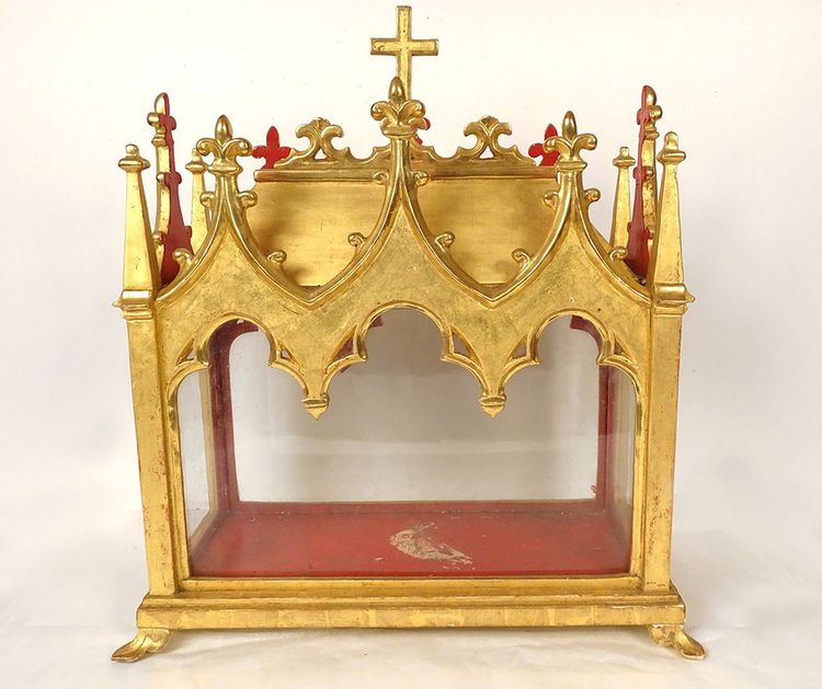 Châse Reliquaire Bois Doré Chapelle Gothique Saints Vincent Fleur Lys 19th century