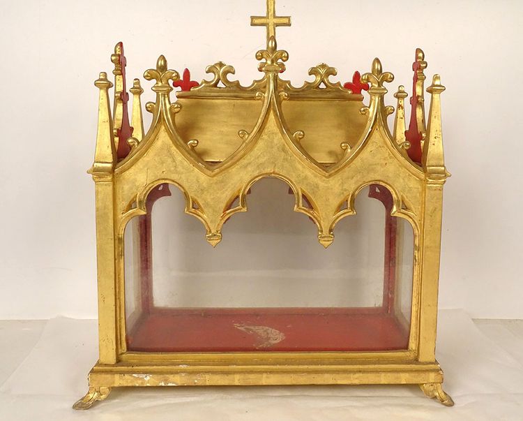 Châse Reliquaire Bois Doré Chapelle Gothique Saints Vincent Fleur Lys 19th century